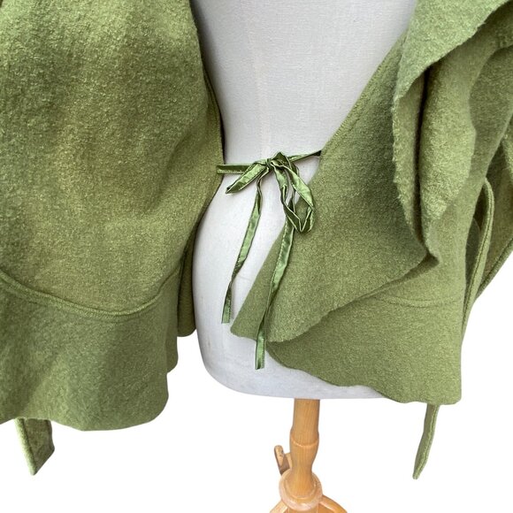Elena Solano Boiled Wool Ruffle Wrap Jacket Green Cottagecore Artsy Lagenlook-L - Picture 6 of 14
